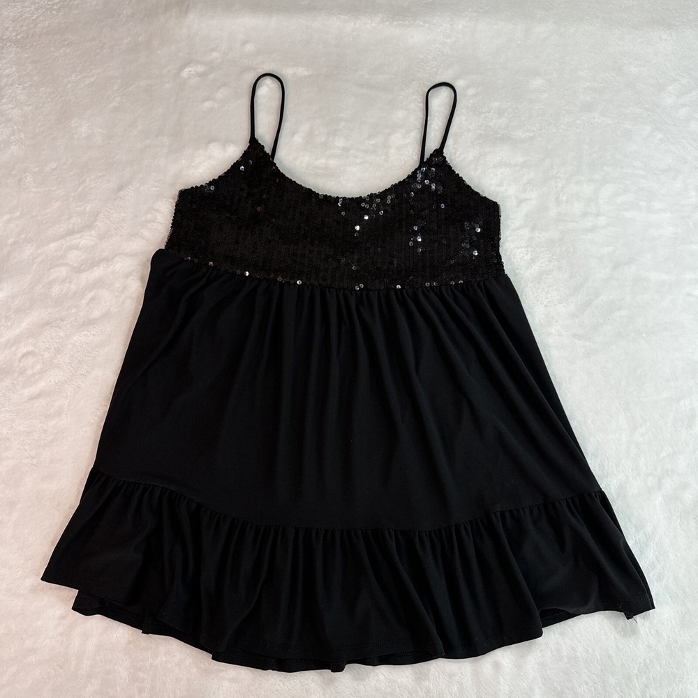 C Gen Womens Sequin Black Sleeveless Top Ruffle Size Large
